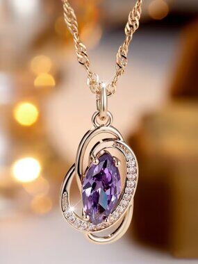 18K Gold Womens 2ct Purple Amethyst Gemstone Pendant Necklace 18K Silver Jewelry